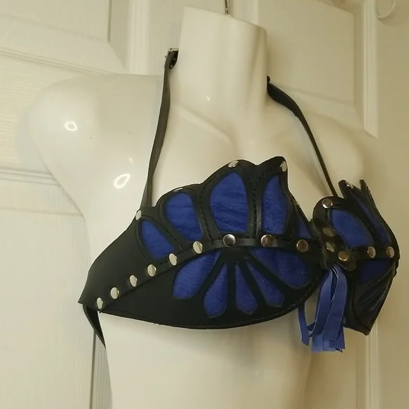 Leather And Suede Blue And Black  Costume Bra - Picture 2 of 10